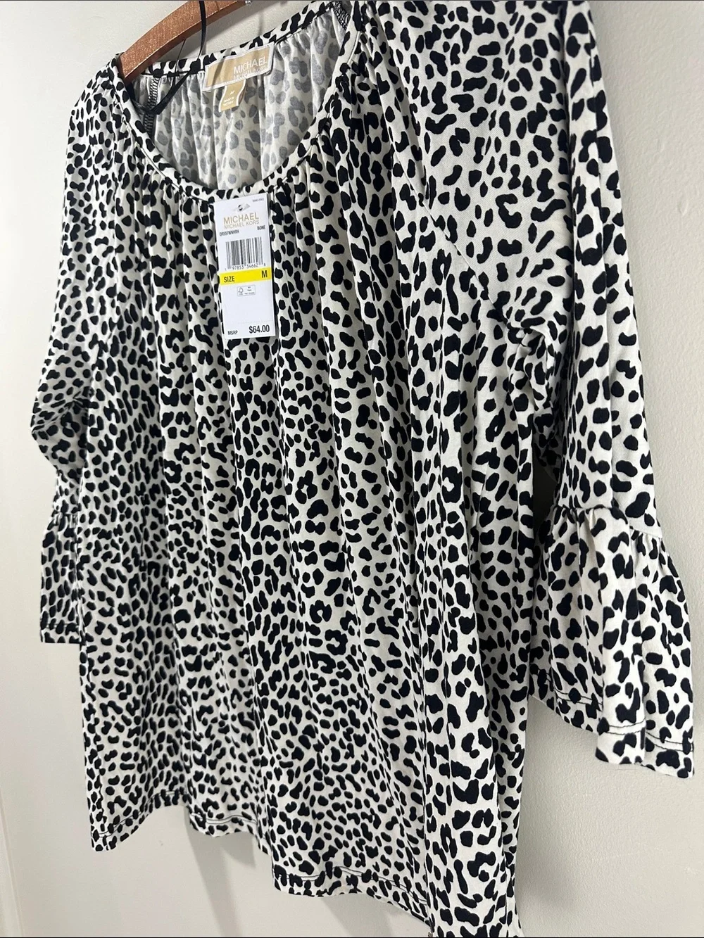 NWT Michael Kors Black and White Leopard Print Ruffle Sleeve Blouse Size Medium